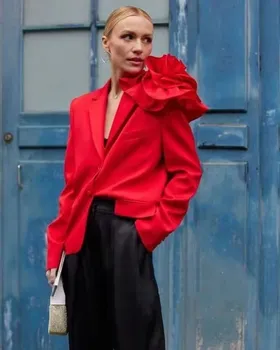 SuperAen Трехмерный Цветочный Костюм 2023 Модный Костюм С Воротником High Street Sweet Cool Red Blazer Woman