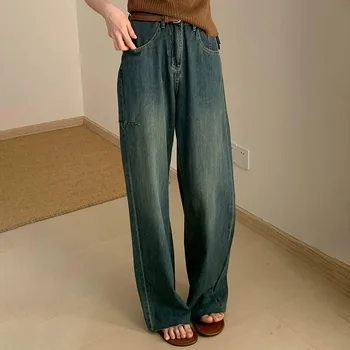 Винтажные Прямые джинсовые женские брюки с поясом 2023, Летняя Мода, Высокая Талия, Свободные карманы, Женские Широкие джинсовые брюки W831