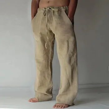 Модные мужские хлопчатобумажные льняные брюки, повседневные дышащие однотонные брюки со шнурком, Свободные брюки с карманами, мужская уличная одежда, спортивные брюки # g3