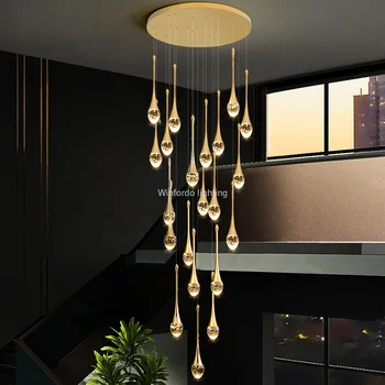 Современный дизайн в виде капель воды, хрустальная светодиодная люстра для лестницы, Роскошный домашний декор в прихожей, длинная спиральная лампа, подвесной светильник